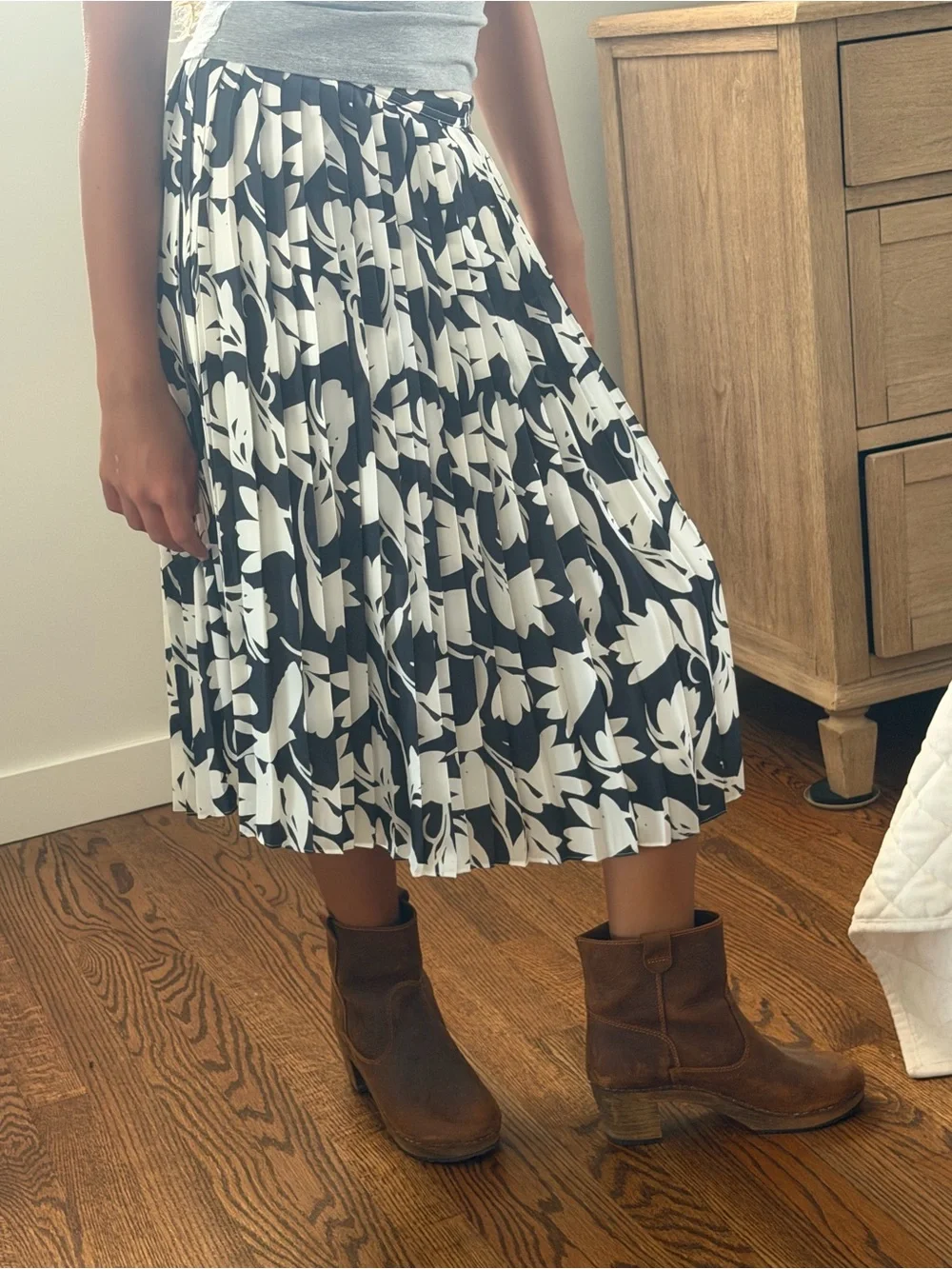 J. Crew Navy and White Floral Pleated Midi Skirt